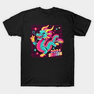 CUTE YEAR OF THE DRAGON 2024 80'S NEON VIBE RETRO T-Shirt